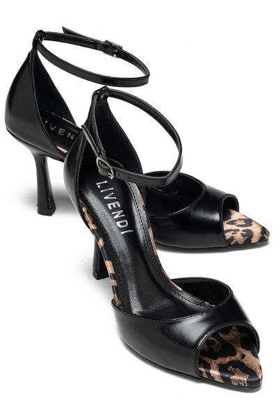 livendi Leria Women's Black Leopard Detailed Ankle Buckle 8.5 cm Thin Heeled ...
