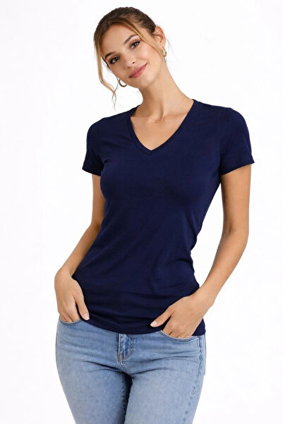 Alfanora Women's T-Shirt V-Neck Slim Fit Lycra T-Shirt Daily Basic Body - Nav...