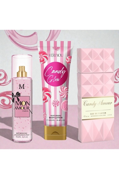 Montage Brands Set Cadou Femei Candy Amour Parfum + Body Mist + Loțiune