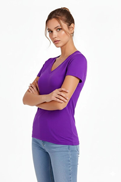 Alfanora Women's T-Shirt V-Neck Slim Fit Lycra T-Shirt Daily Basic Body - Purple