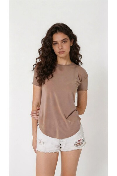 BY ARDELION Women's Light Brown Crew Neck Casual T-Shirt