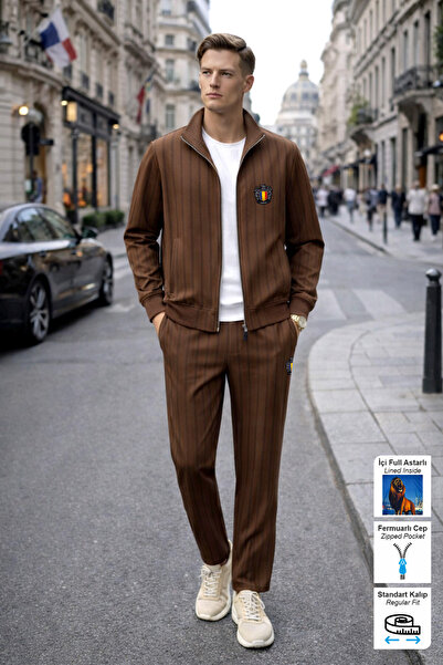 BESSA Brown Romania Emblem Printed Tracksuit Set with Zipper Pockets, Straigh...