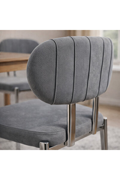 OMF FURNITURE Modern Gri Kumaş Sandalye – Krom Ayaklı Yemek Masası Sandalyesi