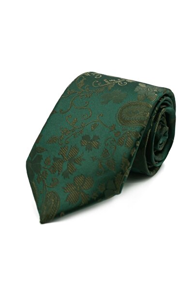 Sade Kravat Zümrüt Yeşil Haki Çiçek Desenli Kravat 33041 Yeşil