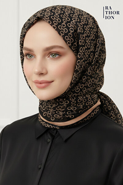rathorion Tesettür Kadın Flamlı Pamuk Siyah Kahverengi Eşarp
