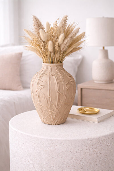 R ROZELLA Bambu Desenli Dekoratif Mini Vazo – El Yapımı Görünümlü, Kuru Çiçek...