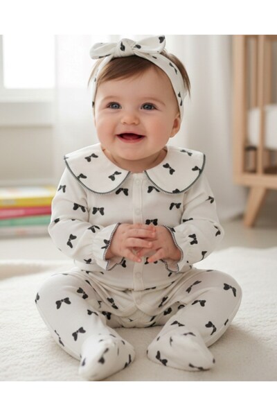 Ege Bebek Baby Girl Bowknot Printed Collar Detailed Bandana 3-6-9-12 Months 1...