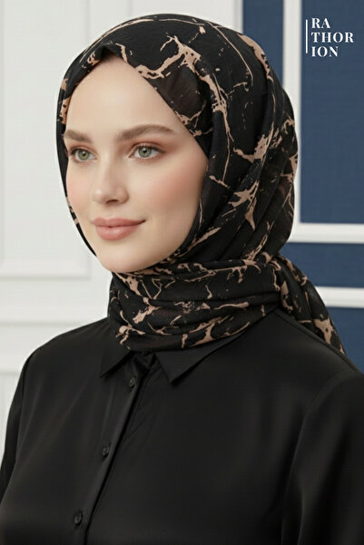 rathorion Tesettür Kadın Flamlı Pamuk Siyah Kahverengi Eşarp