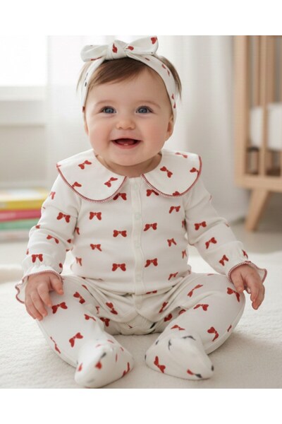 Ege Bebek Baby Girl Bowknot Printed Collar Detailed Bandana 3-6-9-12 Months 1...