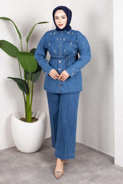 MİSSKAYLE Stone Detailed Belted Denim Hijab Suit Light Blue