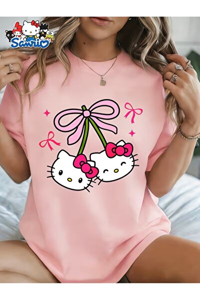 oneagılyazı Hello Kitty Kiraz Papyonlu Kadın Kısa Kollu Tişört | Bol Kesim, B...