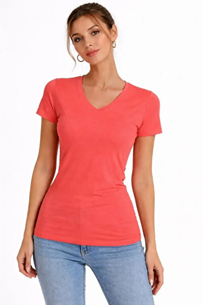 civetta V-neck slim fit lycra t-shirt - everyday basic bodysuit - pomegranate...