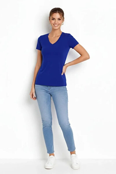 modi T-Shirt V-Neck Slim Fit Lycra T-Shirt Daily Basic Body - Indigo