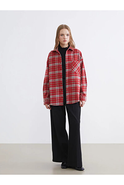 LC Waikiki Burgundy Plaid Oversized Women's Lumberjack Shirt