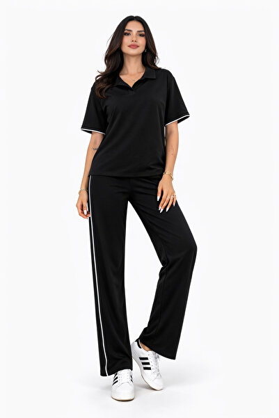 MODA Kadın Siyah Polo Yaka Şerit Detaylı Modal Kumaş Rahat Kesim Eşofman Takımı