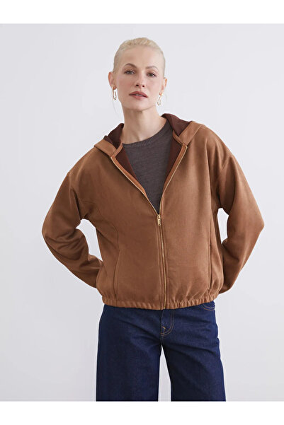 LC Waikiki Brown Hooded Suede Look Women's Zippered Sweatshirt