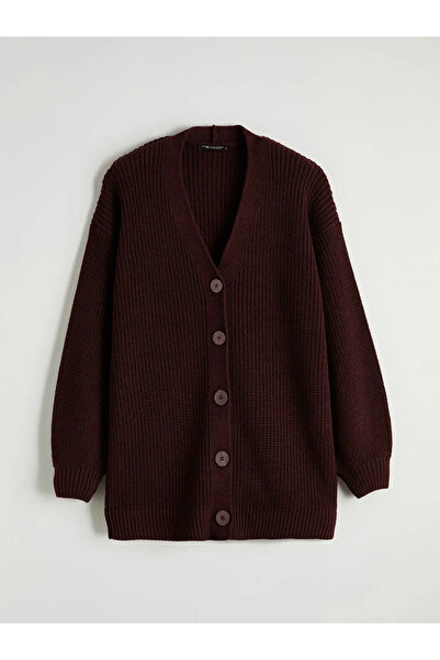 LC Waikiki Burgundy V-Neck Women's Knitwear Cardigan