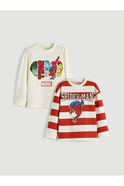 LC Waikiki Tricou pentru băieți cu imprimeu Marvel bej, pachet de 2