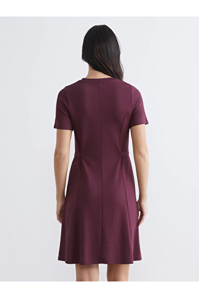 LC Waikiki Burgundy crew neck mini dress with belt detail