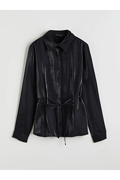 LC Waikiki Black Belted Shiny Textured Women's Shirt