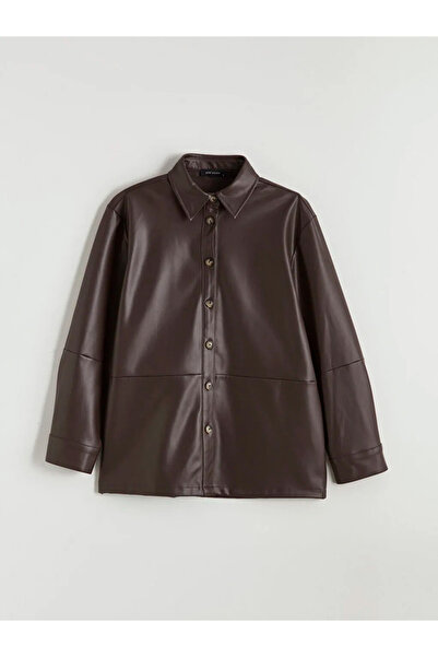 LC Waikiki Brown Women's Leather-Look Shirt Jacket