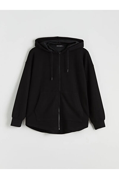 LC Waikiki Black Hooded Soft Touch Women's Zippered Sweatshirt