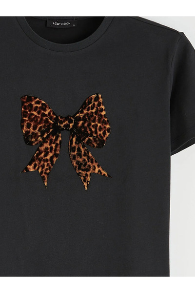 LC Waikiki Black Crew Neck Bow Printed Women's T-Shirt