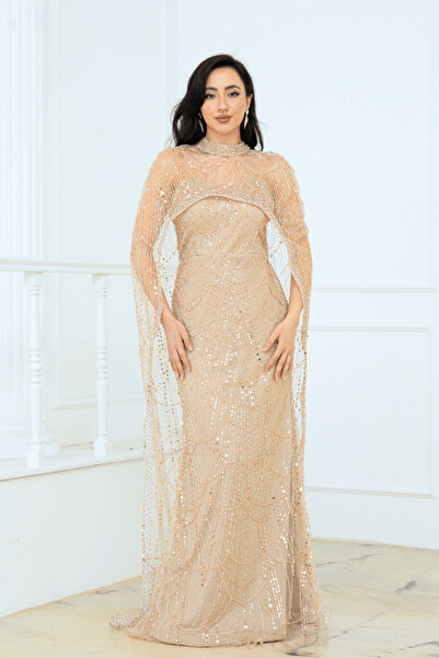 BEYBOS Full Beaded Fabric Cape Detailed Evening Dress - Gold