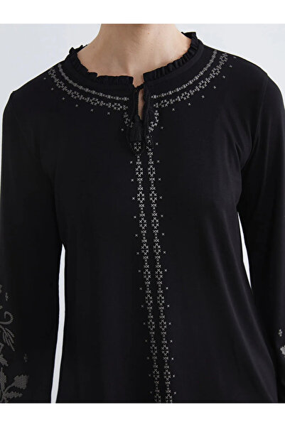 LC Waikiki Black Tie Neck Ruffled Patterned Blouse