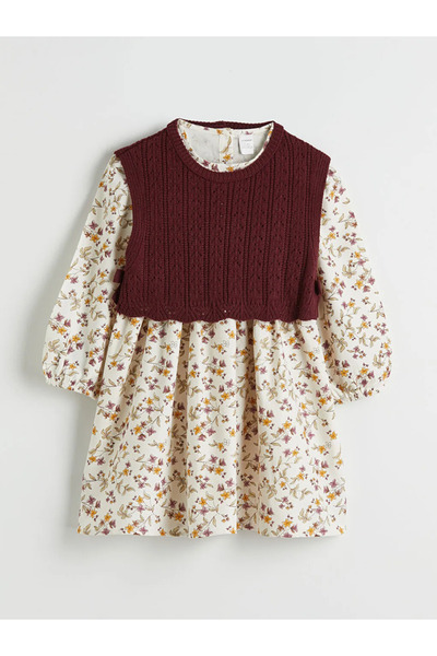 LC Waikiki Rochie și pulover floral ecru pentru fete