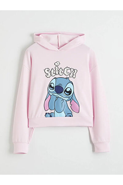 LC Waikiki Ροζ φούτερ για κορίτσια με κουκούλα και στάμπα Stitch