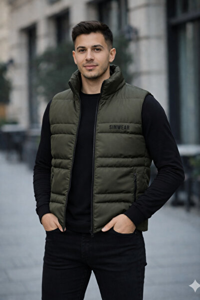 PENGORA Men's Khaki Puffer Vest with Stand Collar Regular Fit Casual