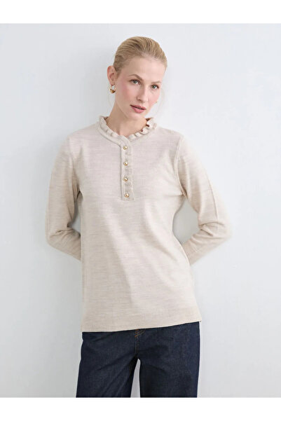 LC Waikiki Beige ruffled Mock Neck women's knit sweater