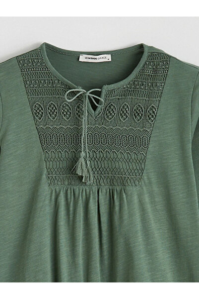 LC Waikiki Green Tie Collar Embroidered Blouse