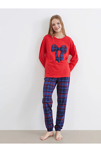 LC Waikiki Set de pijamale pentru femei, brodate cu fundă, albastru marin