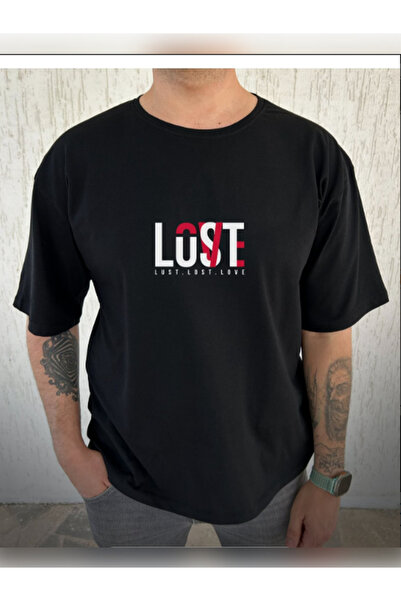 TİMİSİVA Unisex Oversized Sanatsal Printed Crew Neck Short Sleeve Black T-Shirt