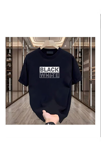 TİMİSİVA Unisex Oversized Sanatsal Printed Crew Neck Short Sleeve Black T-Shirt