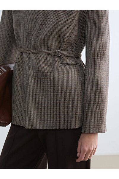 LC Waikiki Brown Belted Plaid Women's Blazer Jacket