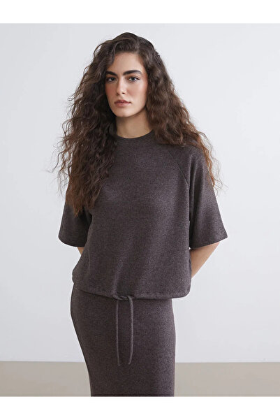 LC Waikiki Brown crew neck lace-up waist women's knit sweater