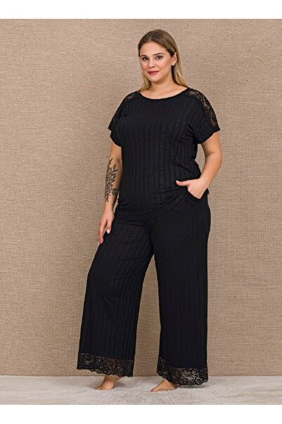 by İGP Black Lace Short Sleeve Wide Leg Plus Size Women's Pajama Set