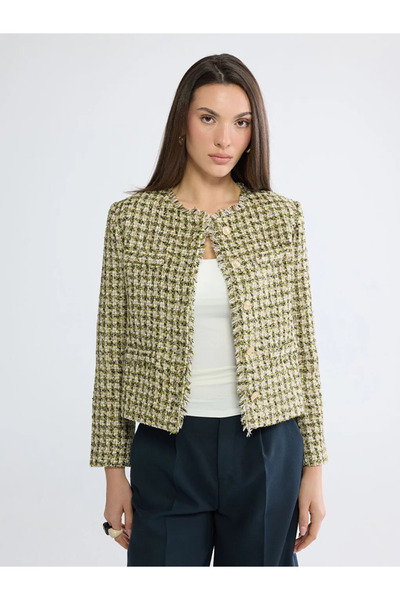 LC Waikiki Green Shirt Collar Plaid Women's Tweed Jacket