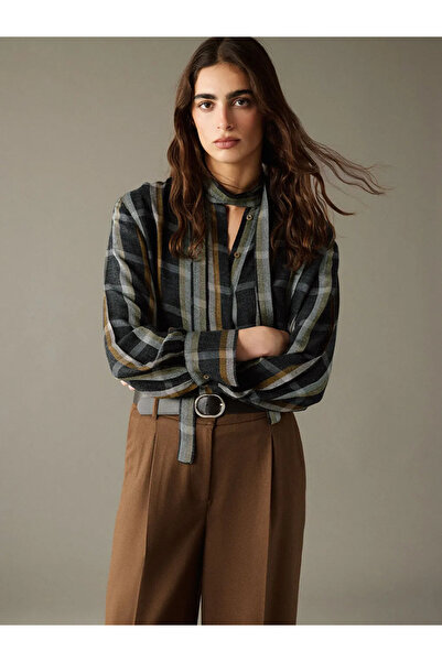 LC Waikiki Gray Shawl Collar Plaid Women's Shirt