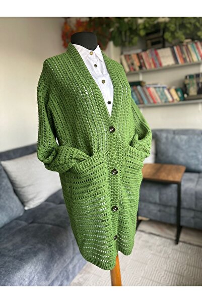 Yünella Style El Örgüsü Granny Altıgen Hırka Yeşil