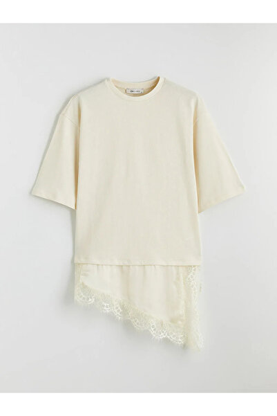 LC Waikiki Beige Crew Neck Women's T-Shirt with Lace Detail
