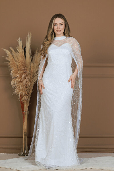 BEYBOS Full Beaded Fabric Cape Detailed Evening Dress - White