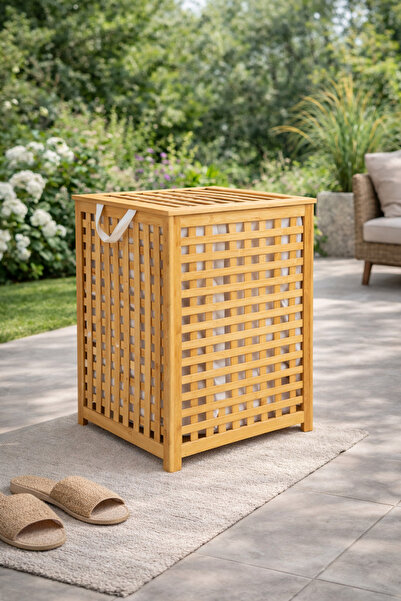 SYN AKSESUAR Modern Ahşap Bambu Çamaşır Sepeti – Dayanıklı, İç Astarlı ve Kap...