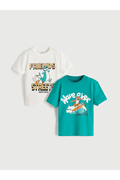 LC Waikiki Green Printed Boys' Combed Cotton T-Shirt, Pack of 2