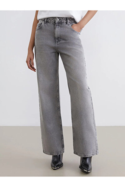 LC Waikiki Γκρι φαρδύ γυναικείο τζιν παντελόνι