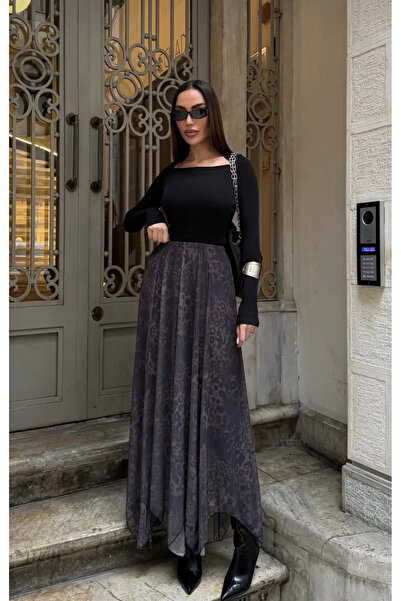 Asimetrik Kesim Şal Desen Şifon Etek