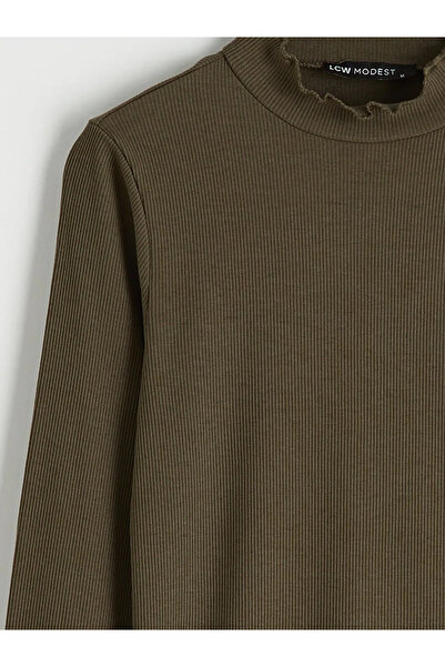 LC Waikiki Khaki ruffled Mock Neck women's bodysuit